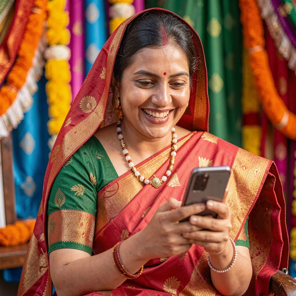 Confident Bangladeshi woman checking casino updates on her phone while exploring vibrant city streets using the 995 bad app