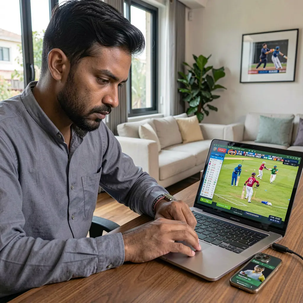 Serious Bangladeshi bettor analyzing live cricket odds and match statistics on a laptop using the 995 bad betting platform