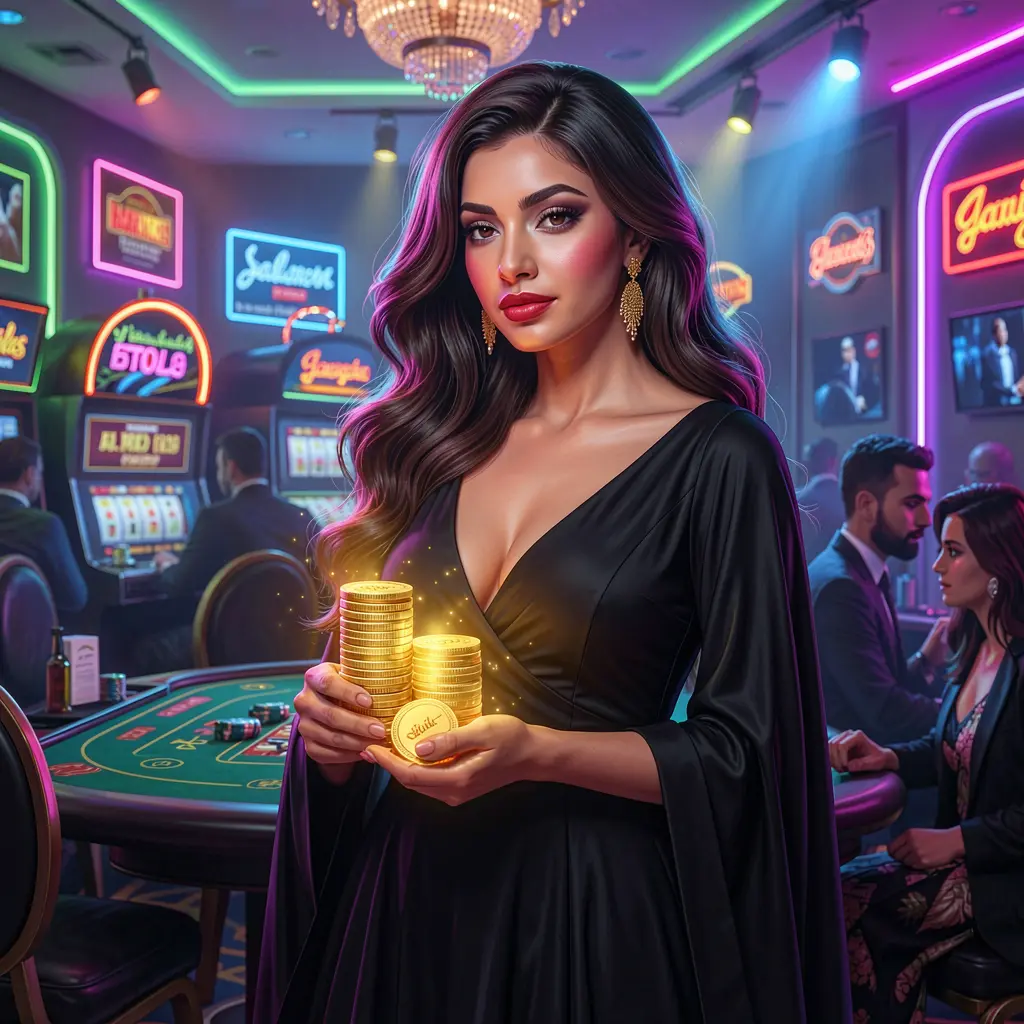 Stylish casino player holding poker chips in a neon lit gaming environment showcasing the thrilling atmosphere of 995 bad online casino in Bangladesh