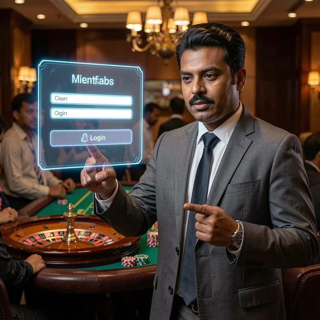 Stylish Bangladeshi casino dealer pointing at a futuristic holographic login panel with a glowing roulette table representing fast access at 995 bad