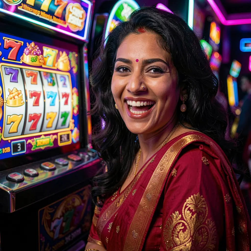 Excited woman celebrating a big win in front of glowing 777 slot symbols inside the vibrant 995 bad casino atmosphere in Bangladesh